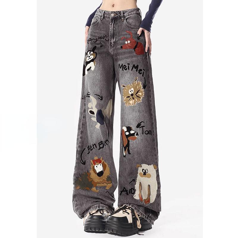Exotic Vrouwen Casual Hoge Taille Baggy Jean Esthetische Vetersluiting Patchwork Blauwe Academia Streetwear Rechte Cargo Broek BF Stijl 2024 Nieuw S zwart