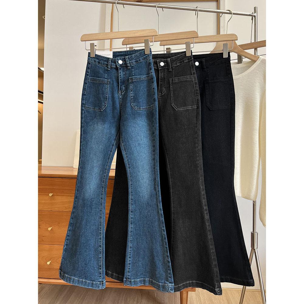 DDU-DU Hoge taille broek Losse gewassen jeans Zakken Slim Denim Flare Klassieke dames Vintage Stretch Rechte broek All-match Plus Size 31 zwart