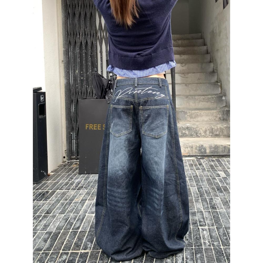 Aura Retro Washed Scimitar Y2K Jeans Damesmode High Street Design Baggy Jeans Veelzijdige Harajuku Wijde Pijpen Vloer-Dweil Broek S blauw
