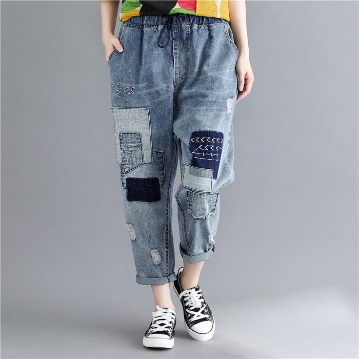 JOOCY Grote maten losse jeans voor dames, casual, oversized, vintage, gewassen, gescheurde, cropped harembroek XXL blauw