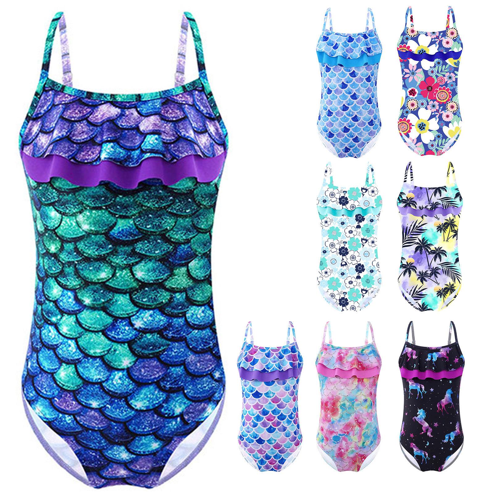 Sywiyi Kinderen Meisjes Eendelig Jumpsuit Badmode Verstelbare Bandjes Gerimpelde Zoom Bedrukt Uitgesneden Open Rug Zwemmen Badpak 5-6 Years paars/groen