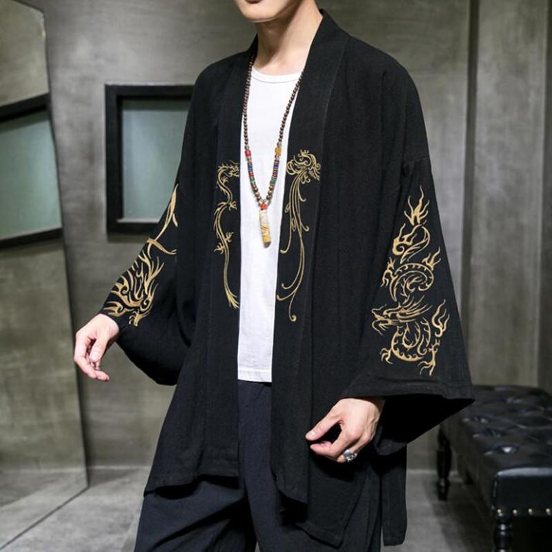 QGOOD Mode Kostuum Borduurwerk Hanfu Heren Chinese Stijl Robe Cardigan Jas Oversized Kimono Oude Jas Mannelijk XXXXL zwart