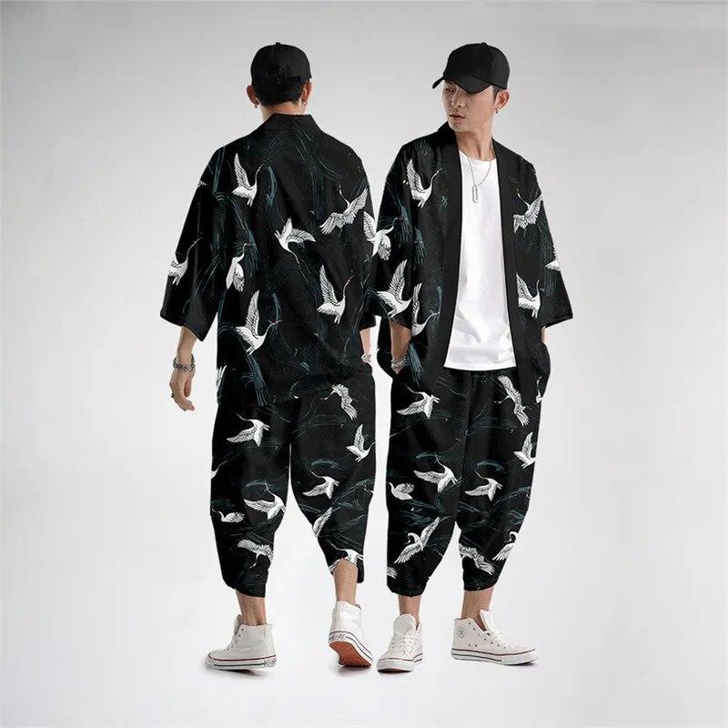 SHIZI Mannen Cosplay Yukata Tops Broeken Chinese Stijl Japanse Straat Samurai Harajuku Kimono Pak Cardigan XS