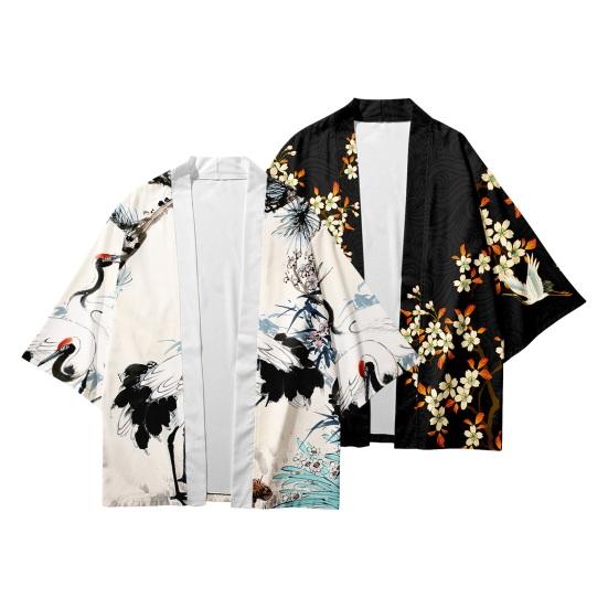 Dahaixin Herenoverhemd Japanse stijl Traditionele kimono Driekwart mouw Cardigan Vogelprint Losse dunne middellange dagelijkse topjas M rood