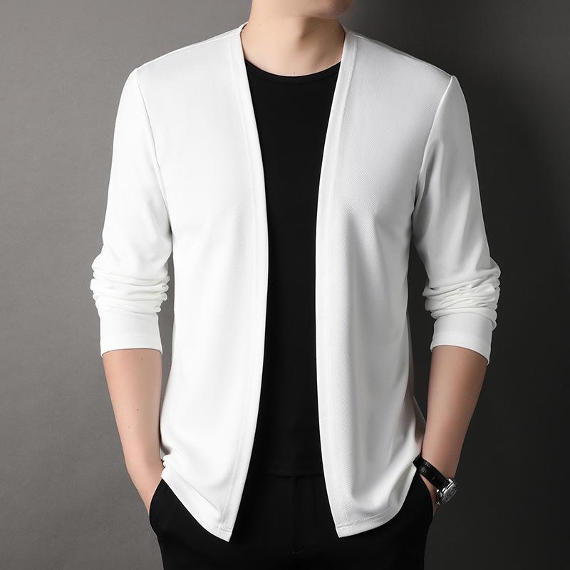 SHIZI Herfstmodetrend Effen kleur Staande hals Cardigan Gebreid Lange mouw Comfortabel Casual Heren Gebreide trui Tops S wit
