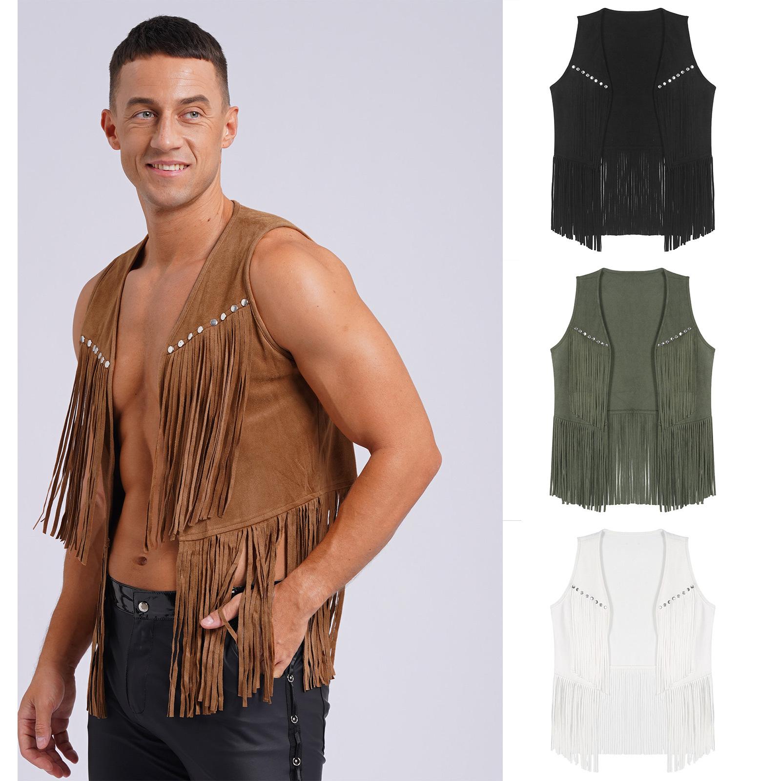 Linjinx Herenvest met kwastjes, imitatiesuède, open voorkant, mouwloos western cowboyvest M zwart