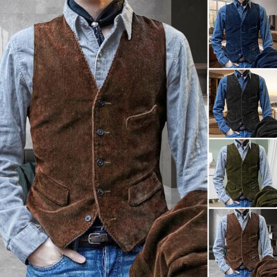 Jingli Heren Gilet V-hals Mouwloos Enkelrijs Vestjas Effen Kleur Slim Fit Corduroy Retro Stijl Gilet met Zakken XXL blauw