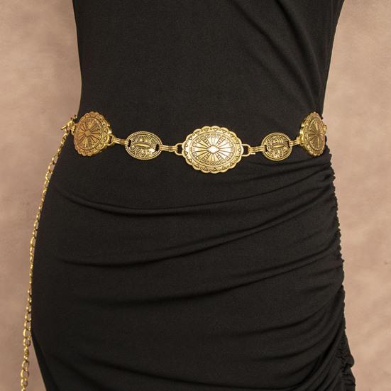 Baigeshi Retro Etnische Stijl Vrouwen Metalen Taille Ketting Verstelbare Verlengde Ketting Decoratieve Cirkel Gesneden Riem Kostuum Accessoire zilver