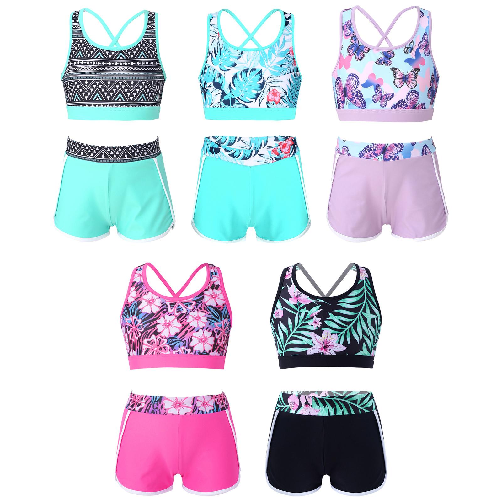 IEFiEL 2 stuks kindermeisjes bedrukt badpak outfit mouwloze strappy back crop top met shorts bottoms activewear set badmode 7-8 Years groen/zwart
