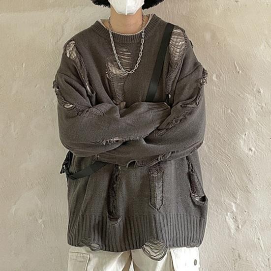 Yunzhu Heren Herfst Winter Trui Gescheurd Nep Tweedelig Hip Hop Effen Kleur Uitgehold Gebreid Ronde Hals Lange Mouw Los Zacht Dik Warm Streetwear M grijs
