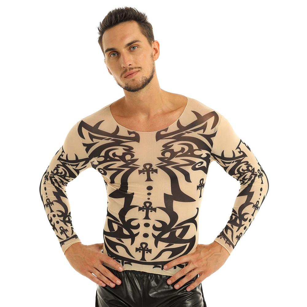Xuhaijian02 FEESHOW Mannen Nep Tattoo Ontwerp Elastische Lange Mouw T-shirt Trui Tattoo Mesh O-hals Tee Voor Halloween Kostuums Carnaval Shirts S