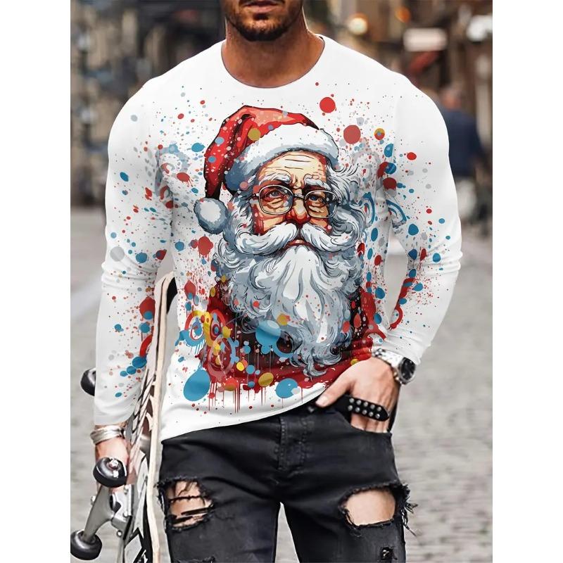 ETST 013 Kerst Kerstman heren lange mouwen T-shirt mode casual O-hals katoenen trui Nieuwjaarscadeau Kerst top hiphop losse Tee S