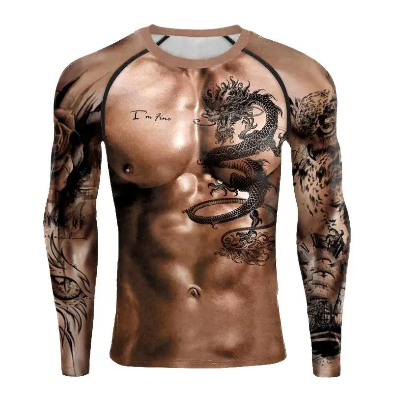Men look 3D Clothes bodybuilder Spier Simulatie 3D Geprint Heren Sport Tough Guy Sterke Mode Ronde Hals Hip Hop Casual Lange Mouw T-shirt Top S