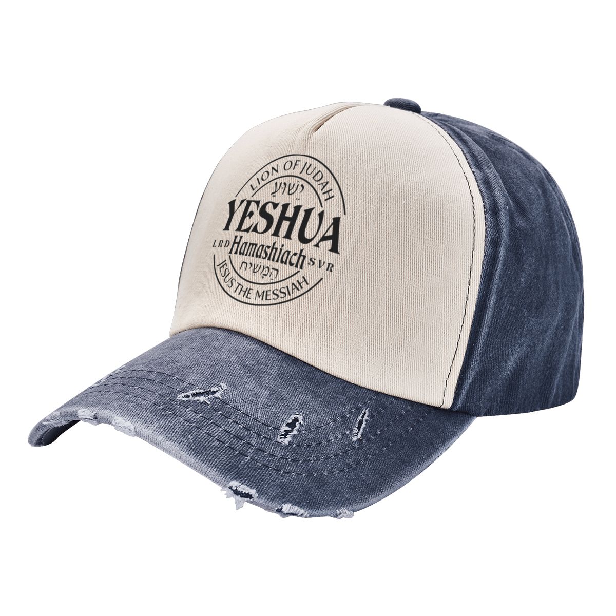 91440605MAC3NXC54W Christelijke geschenkhoeden Yeshua Hamashiach Jezus de Messias Baseballpet Versleten denim Gewassen Leeuw van Juda Papa-hoed Verstelbaar One Size