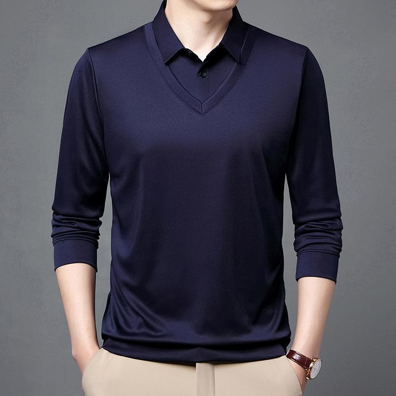 CHIC STUDIO Nieuwe neppe tweedelige lente- en herfst heren T-shirt met lange mouwen voor middelbare leeftijd en ouderen, casual effen poloshirt met onderkant M