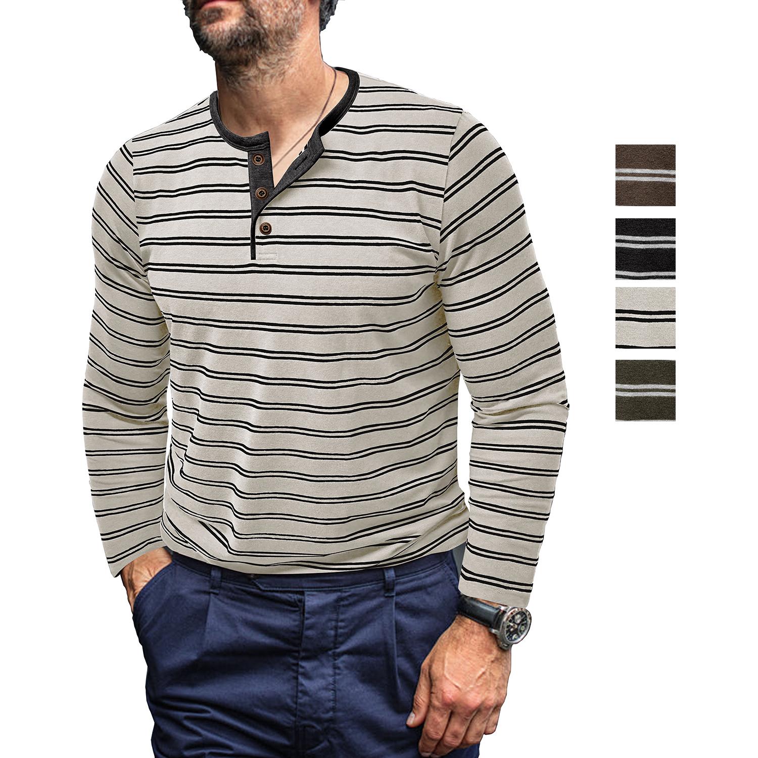 Bright Deer Heren Henley-overhemden Katoenmix Lange mouwen Gestreept casual overhemd Drieknoops tops Herfst Lente Winter Truien S vuilwit