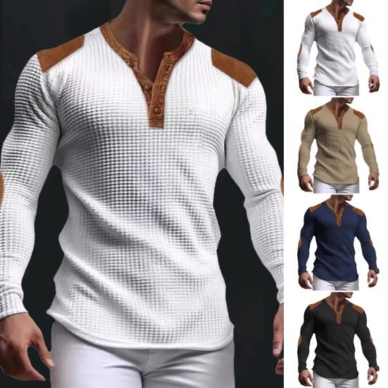 Youyiming Heren Sweatshirt Patchwork Retro V Hals Knopen Wafel Textuur Pullover Colorblock Slim Fit Dagelijkse Draag Sport Vakantie Top M kaki