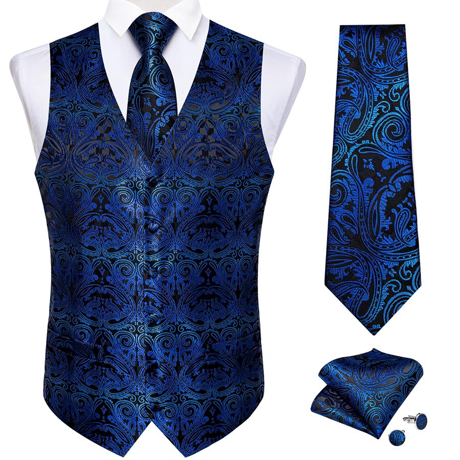 DiBanGu Mens Trendy Heren Gilet Blauw Zwart Bloemen Bruiloft Formele Vest Stropdas Cravat Set Evenement Feest S