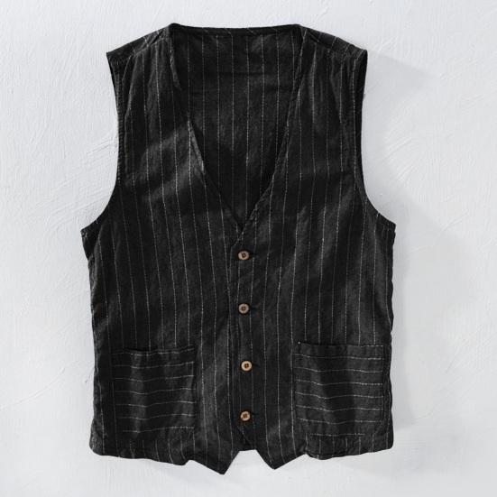LuxeLane Britse Stijl Heren Gilet V-hals Kraagloos Mouwloos Gestreept Print Vest Jas met Zakken Enkelrijs Vest M kaki