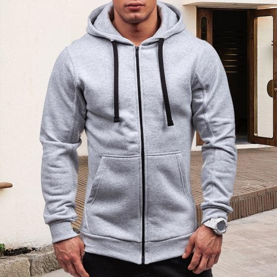Starrism Herfst Winter Heren Jas Capuchon Trekkoord Ritssluiting Lange Mouwen Effen Kleur Cardigan Elastische Manchetten Zakken Middellange Lengte Hoodie Jas M donkergrijze kleur