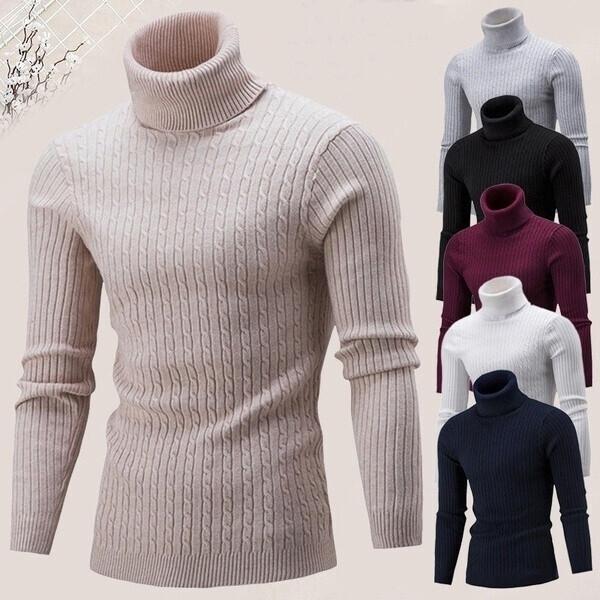 VVGUOWEI Herensweater met hoge kraag Herfst- en wintermode Warme gebreide coltrui voor heren met lange mouwen Warme truien 3XL wit