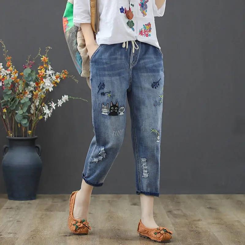 Twelve Month Borduurwerk Enkellange Baggy Jeans Elastische Hoge Taille Capri's Veter Harem Denim Broek Vrouwen Plus Size 33