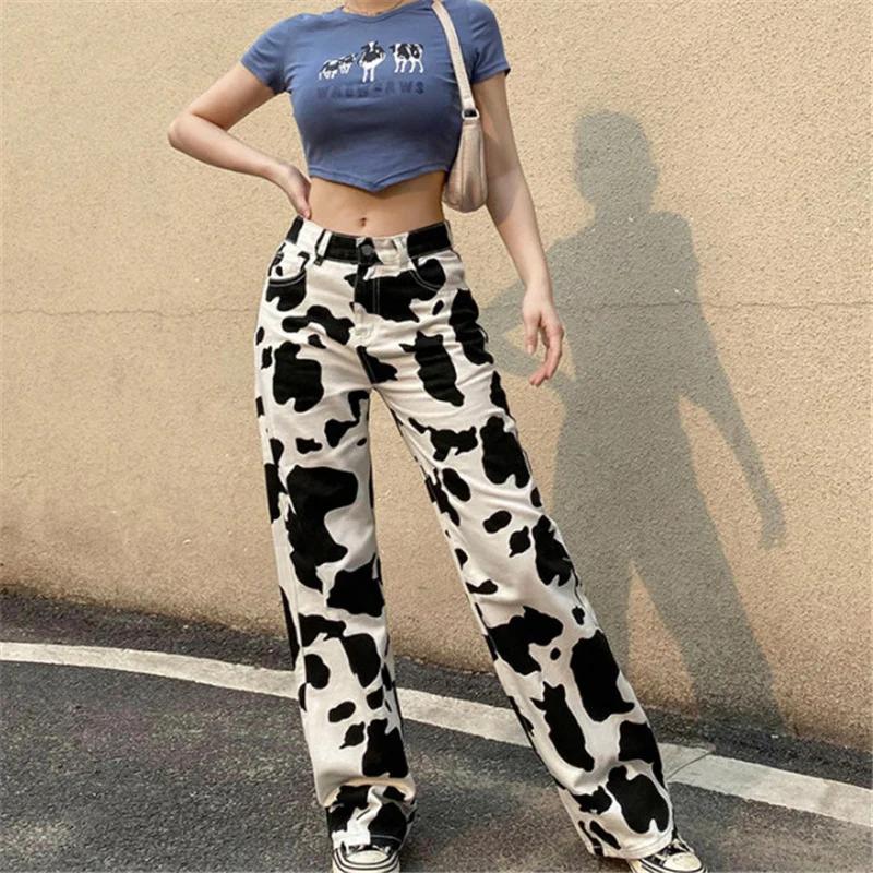 Colorful Supply Animal Cow Printed Jeans High Waist Streetwear Denim Broek Gothic Rechte Broek Koreaanse Mode Nieuwe Baggy Bottoms Herfst L zwart