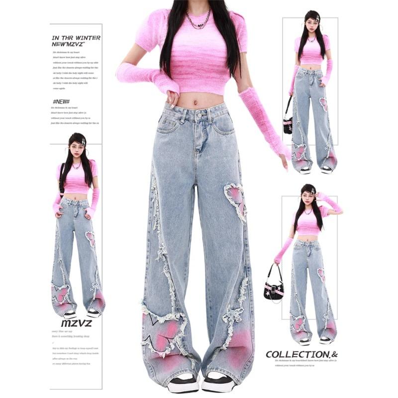 Exotic Dames Blauwe Baggy Vlinder Jeans Vintage Cowboy Broek Harajuku Denim Broek Esthetische Y2k Oversize Trashy 2000s Kleding 2024 S blauw