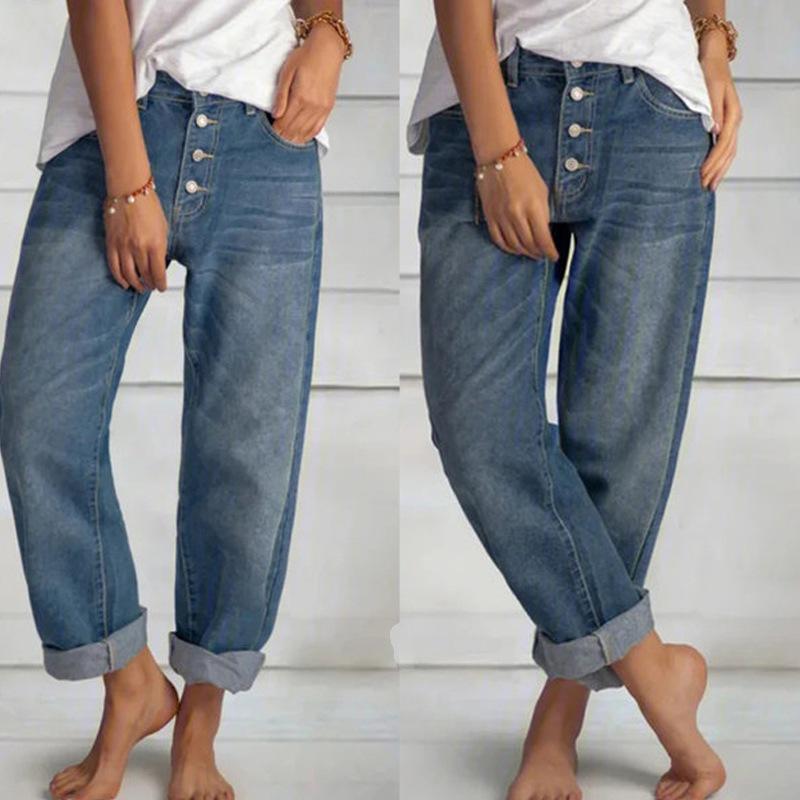 Get one 2024 Europese en Amerikaanse exclusieve nieuwe afslankende denim rechte broek voor vrouwen. Casual, veelzijdig en stijlvol. 3XL blauw