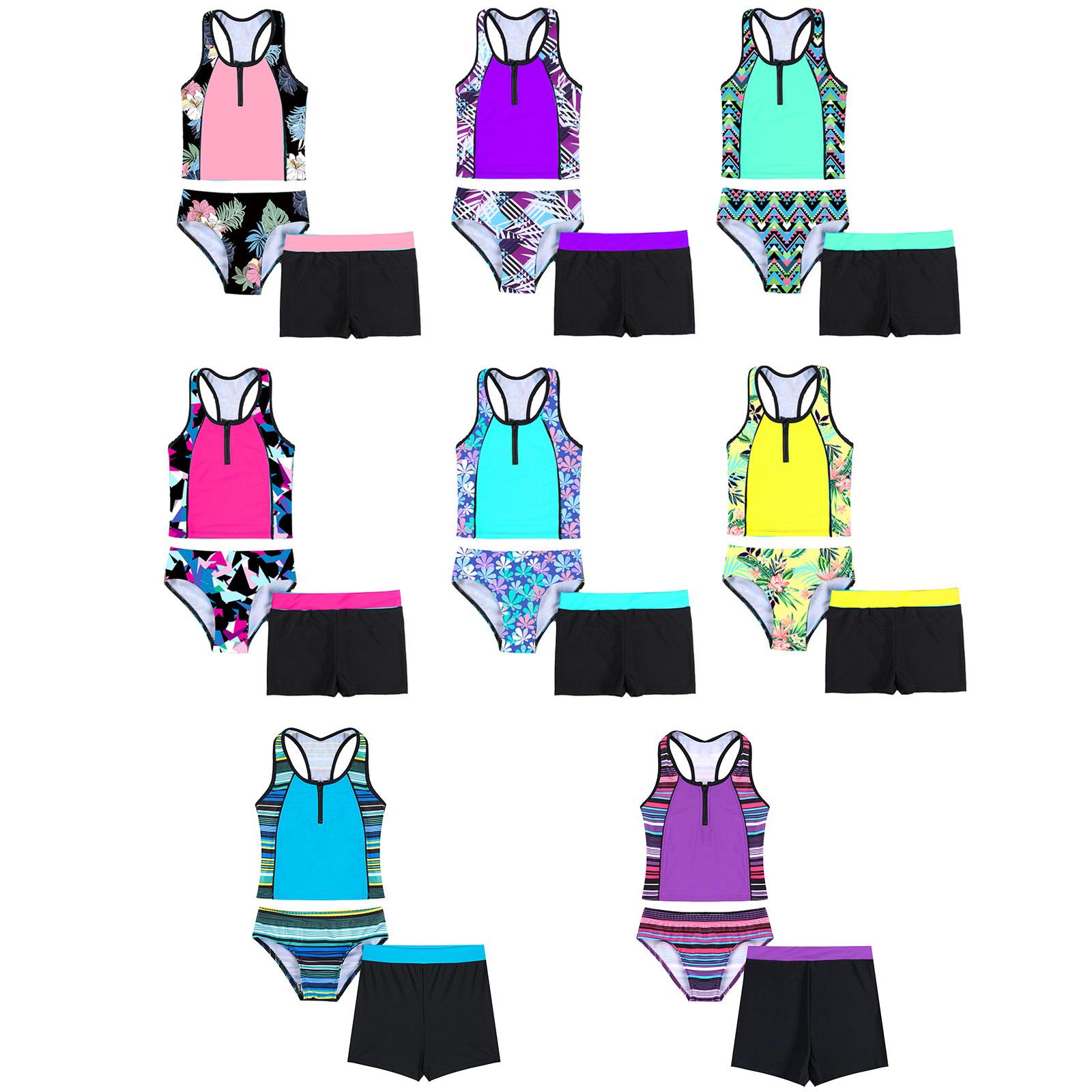 Linjinx Kinderen Meisjes Bloemenprint Tops met Shorts Bottoms 3 Stuks Tankini Set Badpak Badpak 3-4 Years groen