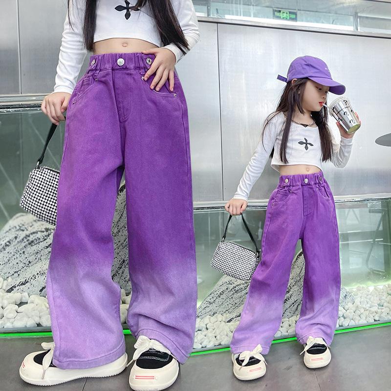 LAOHU Jeans Meisjes Mode Roze Wijde Broeken Kinderkleding Lente Herfst Streetwear Broeken 140cm paars