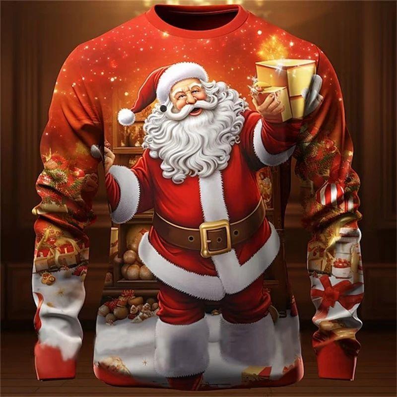 ETST 011 Nieuwe lente- en herfstmode voor heren, interessant Nieuwjaar Santa 3D-geprinte lange mouwen ronde hals plus size losse ademende top S