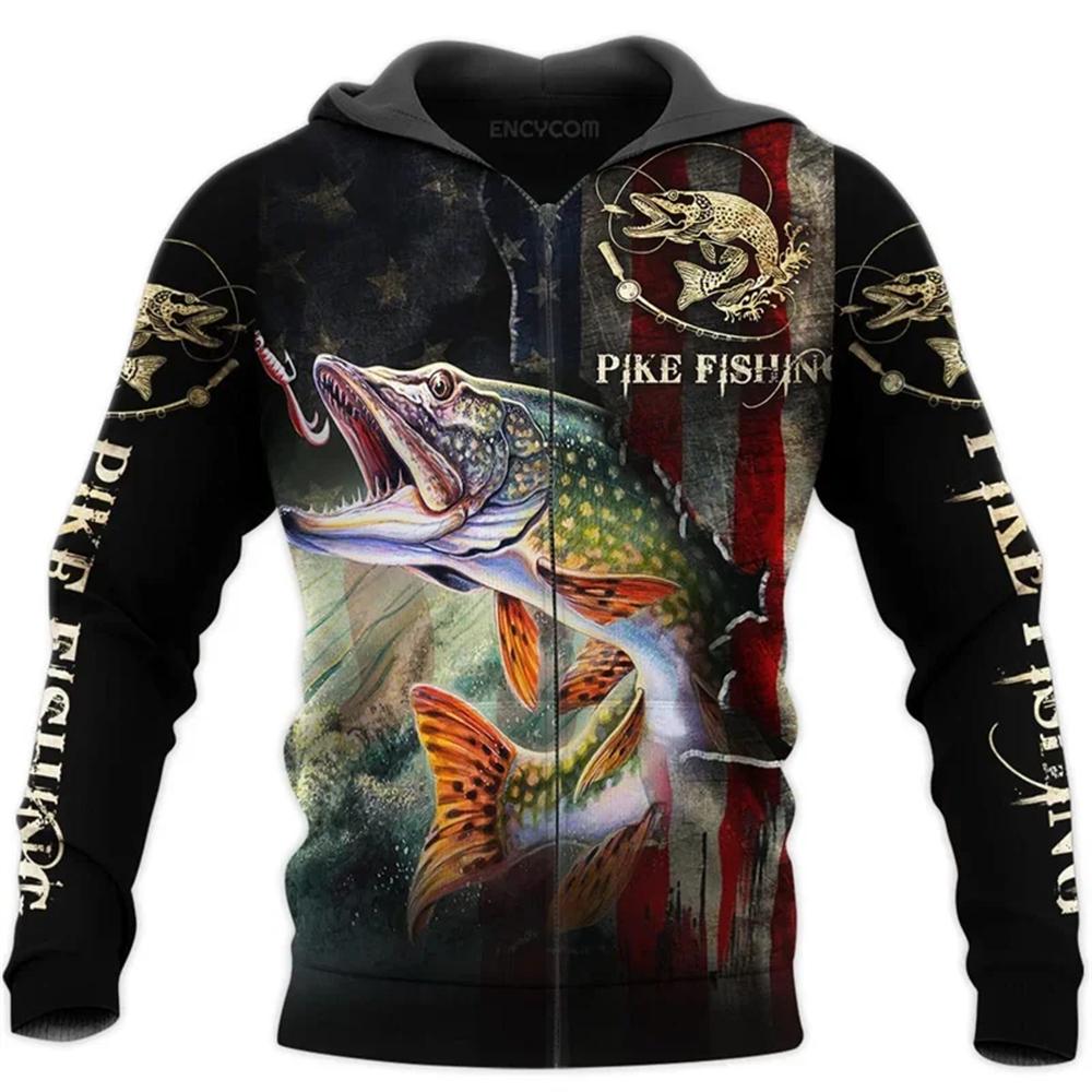 TIP723 Heren Zip Up Hoodie Karpervissen Grafische Kleding Sweatshirt Casual Oversize Hoodies 3D Snoekbaars Snoek Vliegvis Bedrukte Capuchon Tops XS
