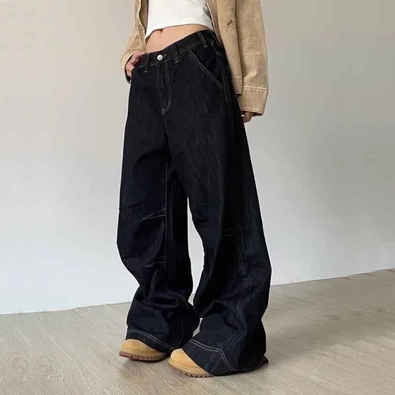 Diana Fashion Clothes Vintage wijde pijp jeans dames Y2K zomer hoge taille streetwear losse denim broek effen oversized hiphop Koreaanse rechte broek M zwart