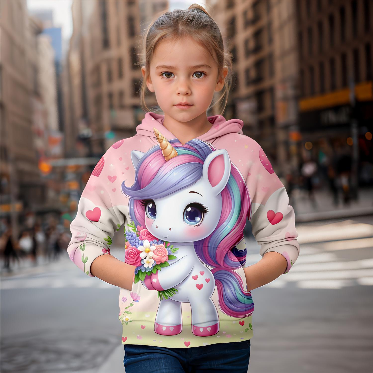 ETST 007 Cartoon Eenhoorn 3d Print Meisje Schattige Hoodies Lange Mouw Capuchon Sweatshirt Top Mooie Pullover Lente Herfst 2024 Kleding 100CM