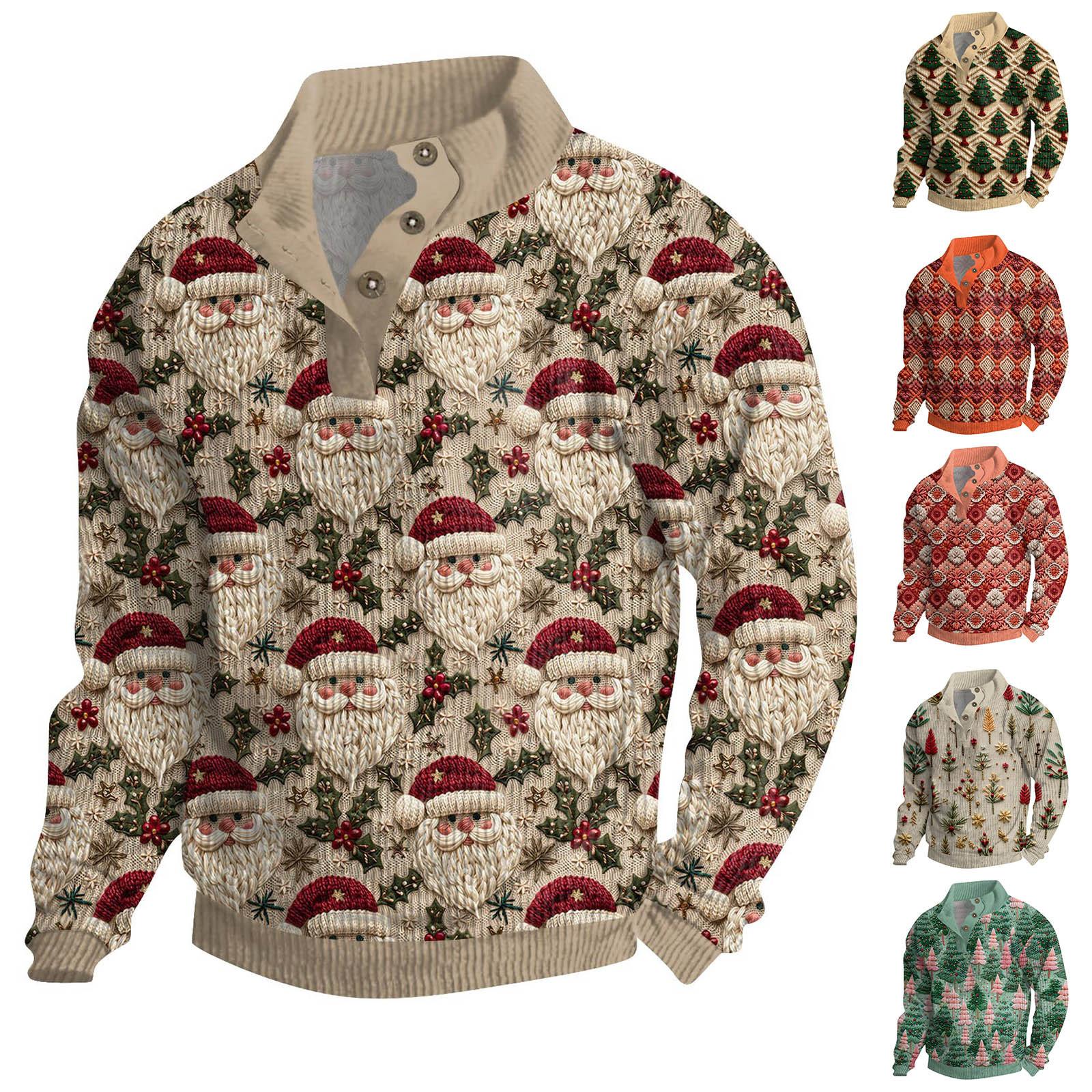 Winnerer Uranus Heren Kerst Katoenen Pullover Lange Mouw Outdoor Shirt Vintage Corduroy Knoop Stand Kraag Shirt Casual Sweatshirt Kerst Print Top L kameel