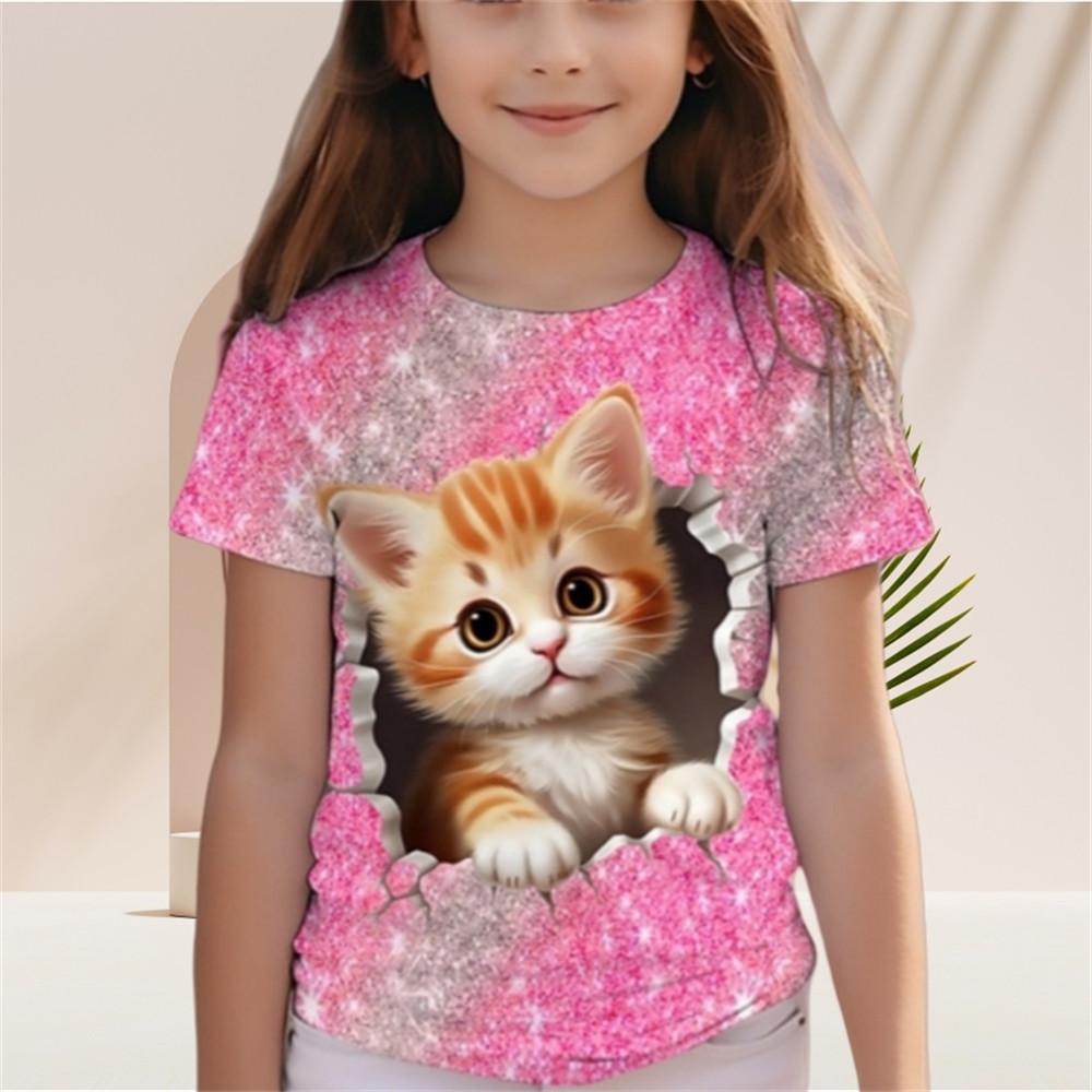 HerSight Kinderen Meisjes T-shirt Gradiënt Pailletten Kawaii Kat Korte Mouw O-hals Pyjama voor Kinderen Kleding Meisjes van 2 tot 7 Jaar T-shirt Top 170