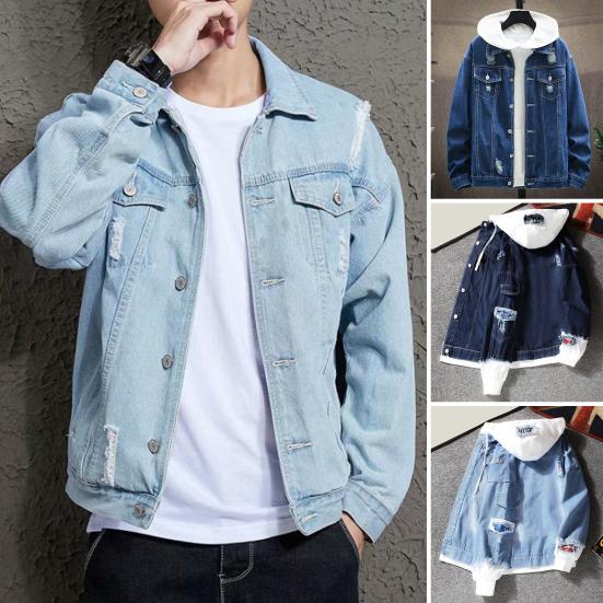 Jiantengxujm Heren Lentejas Capuchon Nep Tweedelige Kleur Bijpassende Enkelrijs Losse Lange Mouwen Cardigan Gescheurde Opgestikte Zak Casual Herenjas XL blauw