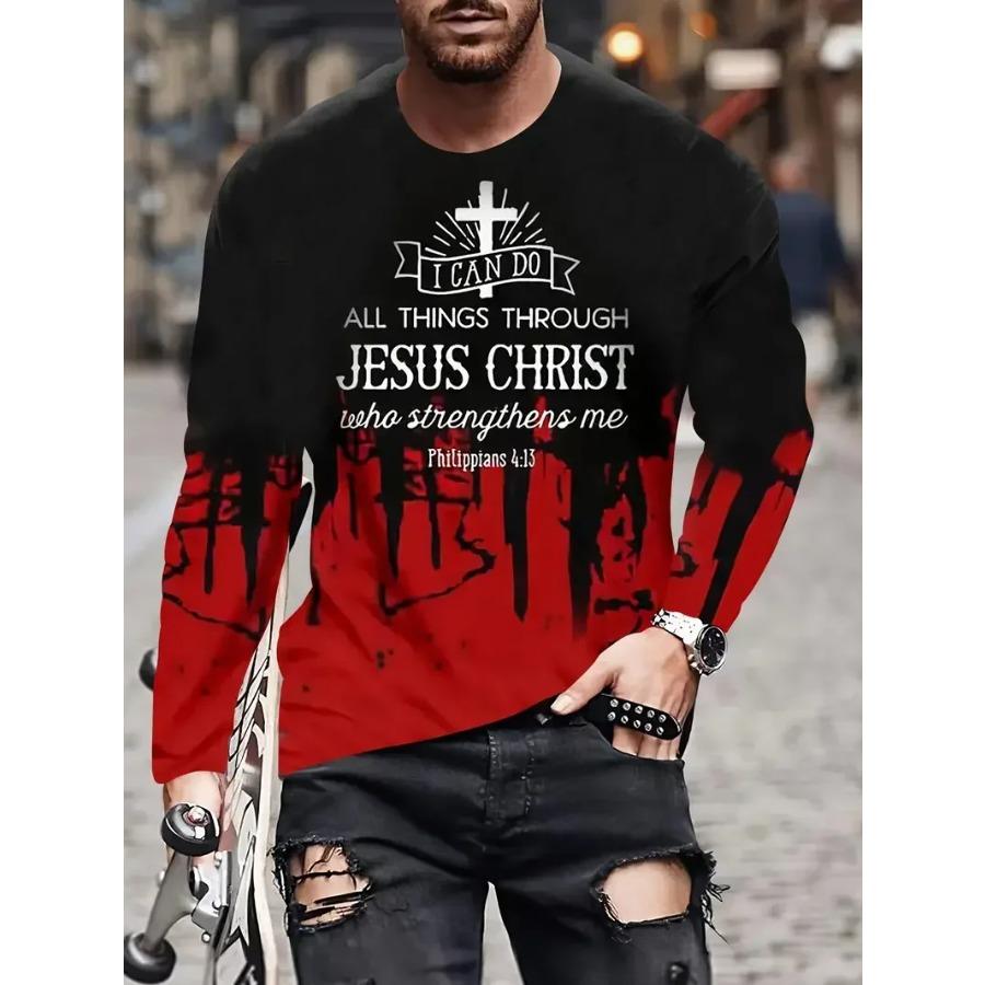 Men look 3D Clothes Christelijk Letterpatroon JEZUS Vintage Heren T-shirt Lange Mouw Ronde Hals 3D Geprint T-shirt Sport Oversized Herenkleding S