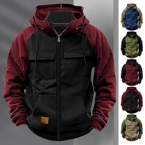 Youyiming Herfst Winter Heren Hoodie Ritssluiting Elastische Manchet Retro Multi Zakken Cargo Stijl Warme Cardigan Jas Middellange Lengte Hip Hop Contrasterende Kleur Top M wijnrode kleur