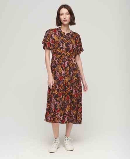 Superdry Vrouwen Gelaagde Midi-jurk met Korte Mouwen en Print Bruin