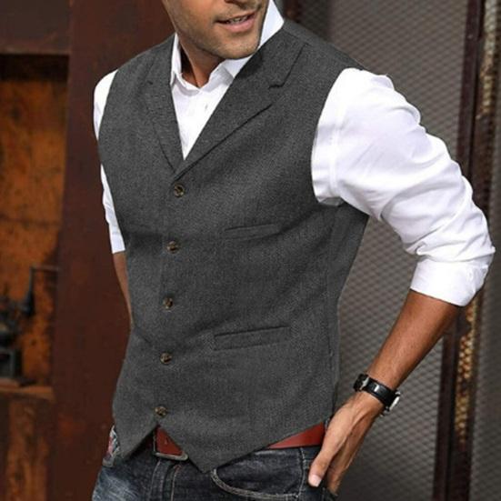 DILLER Herenvest Enkelrijs Effen Kleur Mouwloos Revers Slim Fit Formele Zakelijke Stijl Cardigan Zacht Retro Bruidegom Bruiloft Banket Vest M donkergrijze kleur