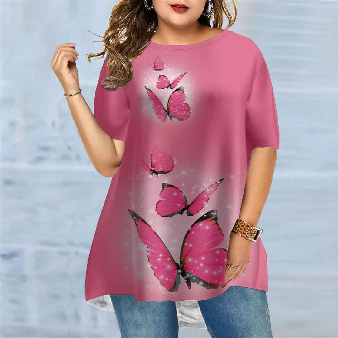 DuanShaoFeng Plus Size Dames Zomer Roze Vlinder Print Comfortabel Korte Mouw Ronde Hals T-shirt Casual Baggy Medium Lengte T-shirt XS roze