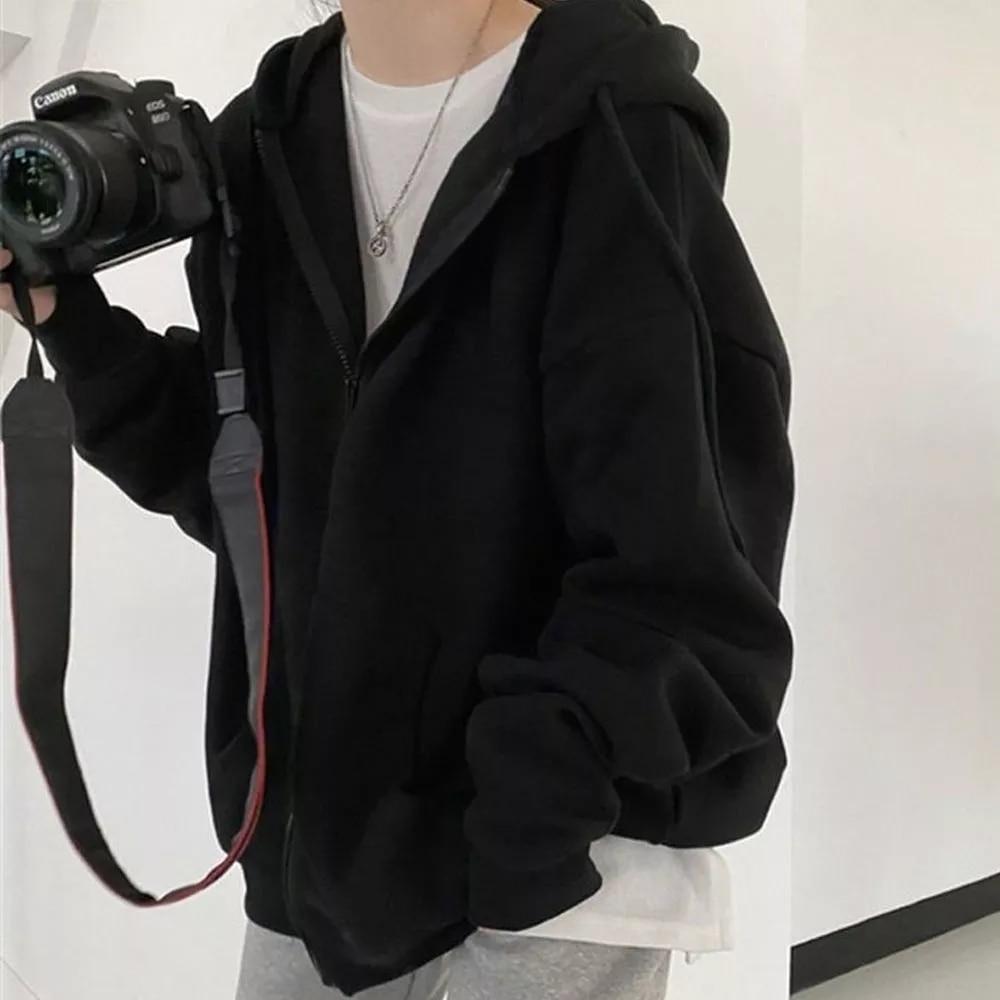KING BILLION Heren Hoodies Jas Ritssluiting Harajuku Hoodie Lange Mouw Lente Herfst Losse Casual Oversized Sweatshirts Jas met Zak US S zwart