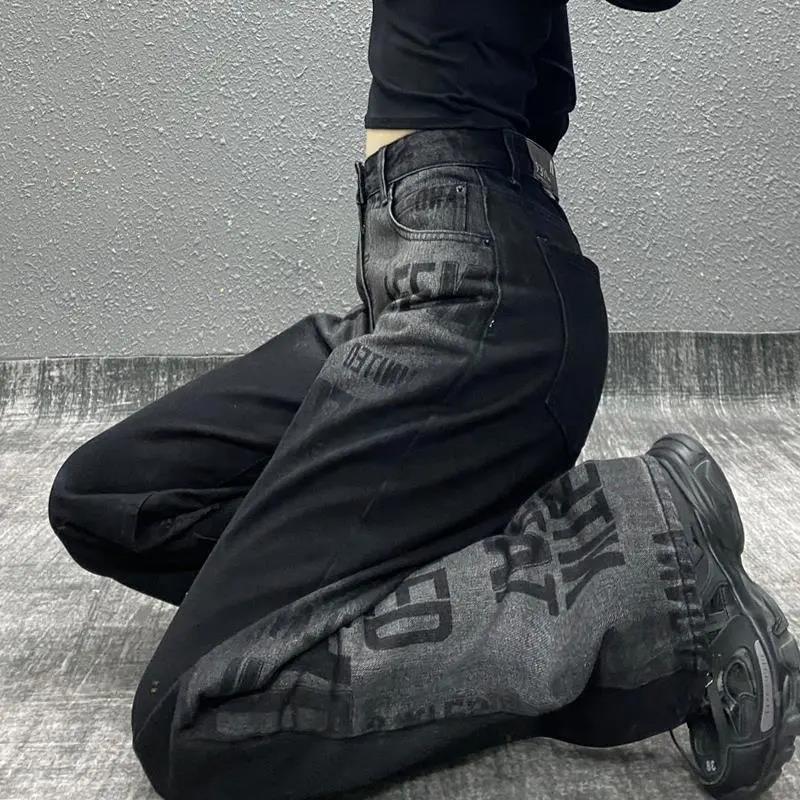 Super maller Zwarte Gothic Streetwear Dames Jeans Herfst Harajuku Vintage Hoge Taille Denim Broek Dames Grunge Losse Broeken Vrouwelijk L zwart