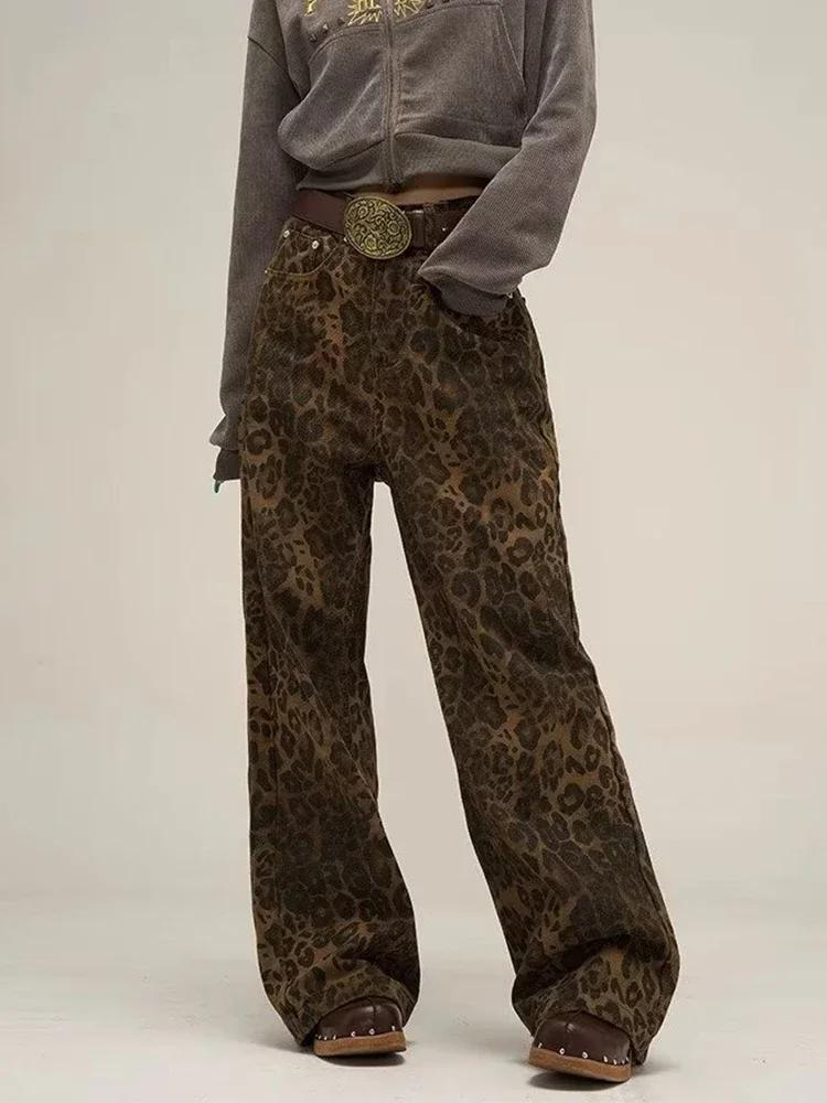 Super maller Tan Luipaard Jeans Vrouwen Denim Broek Vrouwelijke Oversize Wijde Pijpen Broeken Streetwear Hip Hop Vintage Kleding Losse Casual S luipaard