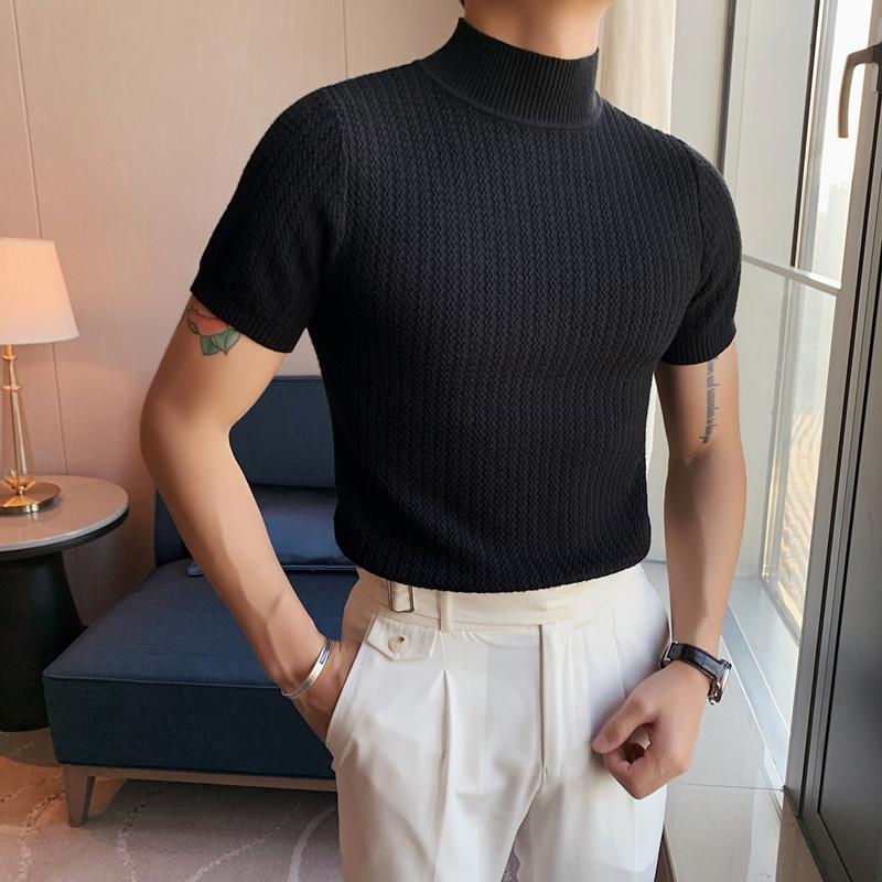 Super maller Herfst Nieuwe Korte Mouw Gebreide Trui Mannen Tops Kleding 2022 Alle Match Slim Fit Stretch Coltrui Casual Pull Homme Truien M wit