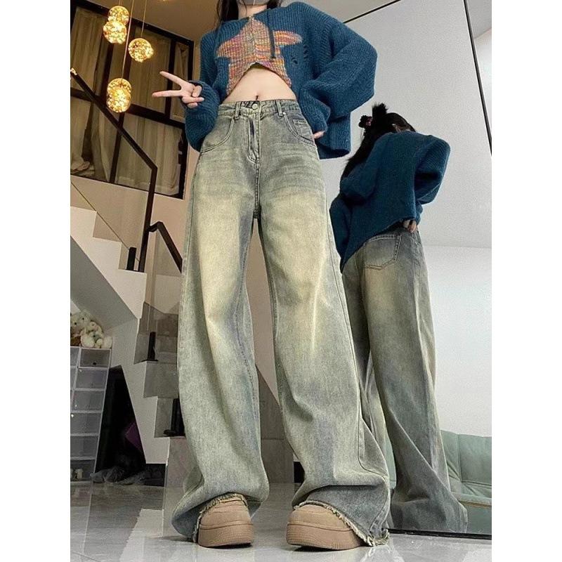 JOOCY Wijde pijpen denim broek vrouwen vintage streetwear baggy Y2K jeans vrouw hoge taille volledige lengte rechte broek XXL geel