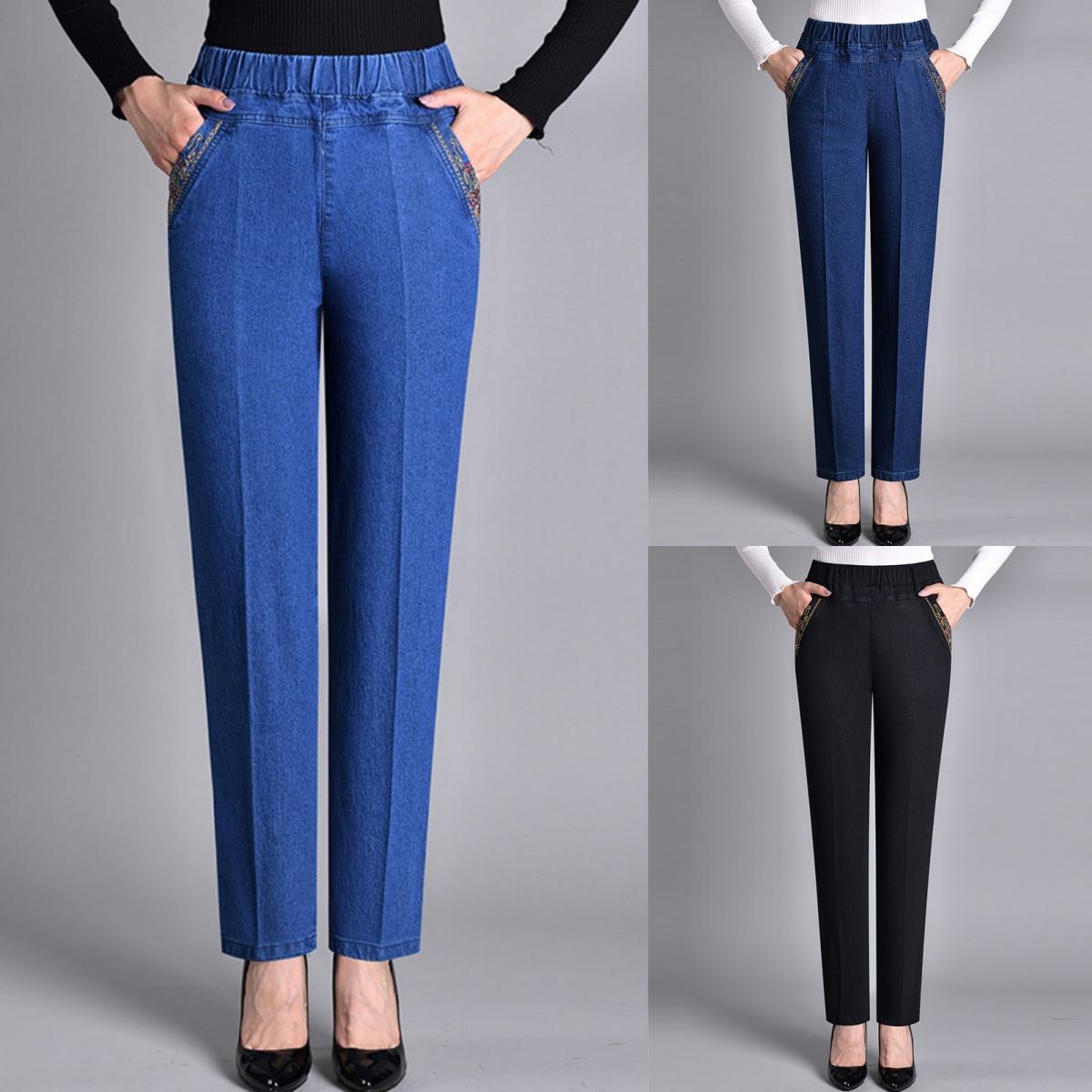 Kane Lente- en herfstjeans Dames Losse elastische taille Stretch Moeder Casual Hoge taille Middelbare leeftijd en ouderen Plus fluweel Donkere damesbroeken XXXXXL