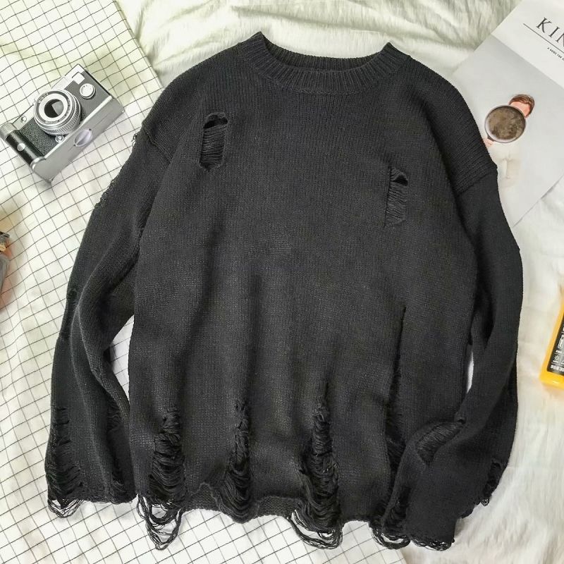 Super maller Heren Dames Streetwear Hip Hop Truien Jumper Mode Oversized All-match Heren Lente Wassen Gat Gescheurde Gebreide Truien M zwart